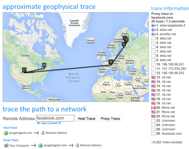 Facebook.com sijaitsee jenkeissä. Yhteys sinne menee nyt Viron kautta.