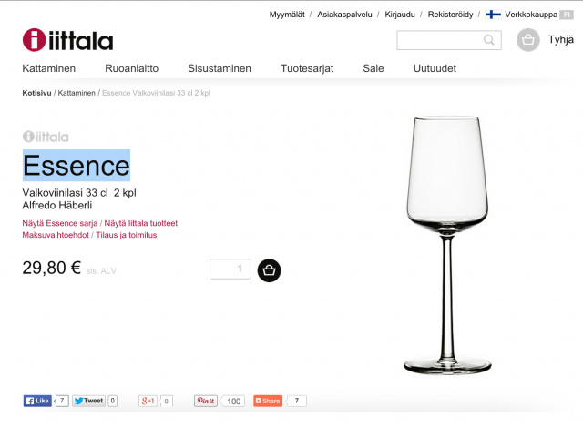 Iittala ei pidä omilla sivuillaankaan tarraa esillepanomateriaalissa. (kuvakaappaus)