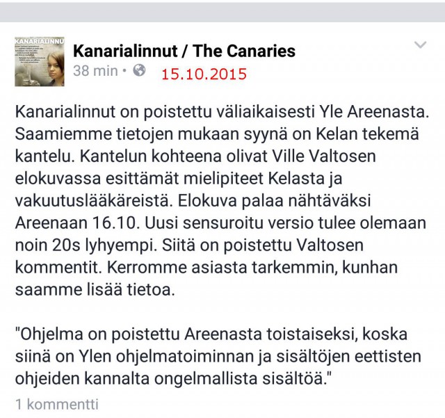 Poistosta ilmoitettiin Facebookissa ja Twitterissä.