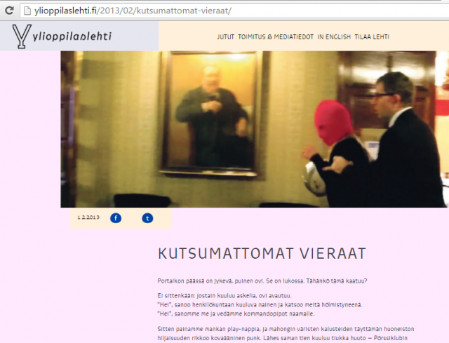 Ylioppilaslehti Pörssiklubin tiloissa. Kutsumattomat vieraat - Kuvakaappaus ylioppilaslehden sivuilta.