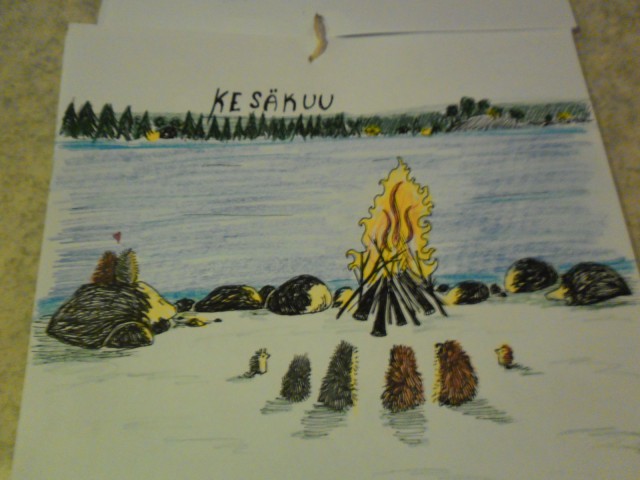 Taiteilemani kesäkuun kalenterikuva. Jokaisella kuukaudella oli oma siilimäinen toteutuksensa. Kalenteri meni joululahjaksi mummolleni.