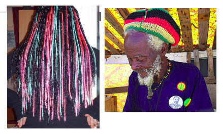 Vasemmalla: tekokuiturastoja (kuva: Cybershop), oikealla: rastafari (kuva: Wikipedia)