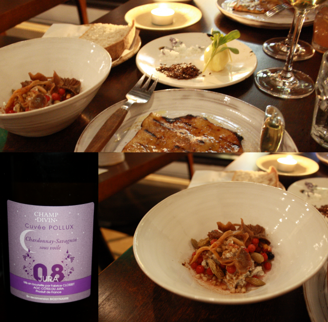 Juran alueelta Champ Divinin Cuvee Pollux Biodynaaminen viini / PERUNATATTARIRIESKAA tattivoilla sekä METSÄSIENISALAATTI, rouskua, kuusenkerkkää, puolukkaa