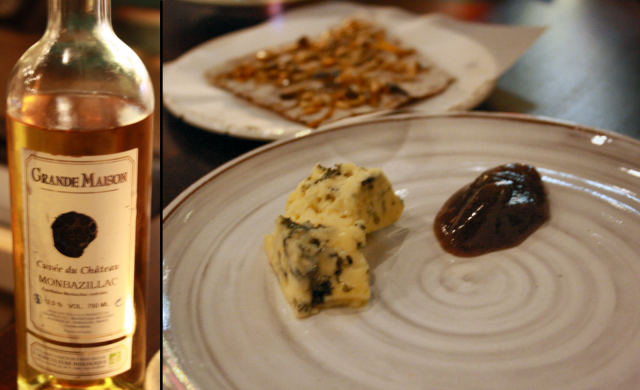 Grande Maison Cuvee du Chateau, Monbazillac. / Extraruokalaji SINIHOMEJUUSTOA, hapanjuurinäkkileipää, päärynähilloa ja hunajaa