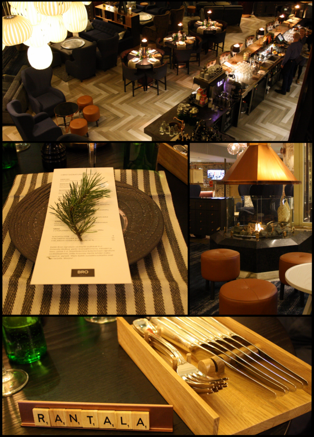 BRO:n sali on valtava ja täynnä tutkittavaa, cocktailbaari houkuttelee istuutumaan. / Havut sekä cocktail-lista toivottavat lämpimästi tervetulleeksi. / Tulisija on upea, sen ympärillä mielellään nauttisi muutaman cocktailin. / Varaaja ilmoitetaan p