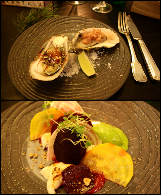 Fine de Claire -osterit oriental + naturell, viini: Champagne de Castellane Brut. / Alkupala numero kaksi, Punajuuri + vuohenmaito, viini: Black Cottage Sauvignon Blanc.