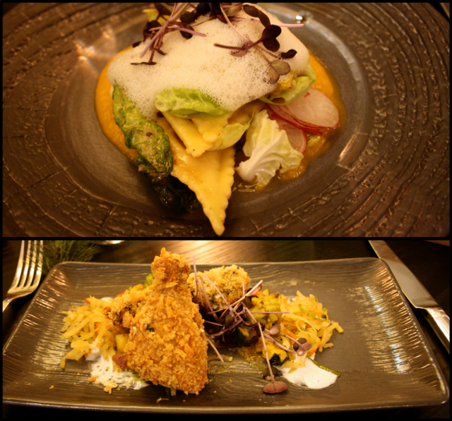 Myskikurpitsa + muskotti, viini: Cuvée Fantomme. / Kananpoika + papaija, viini: Arthur Metz Gewürztraminer.