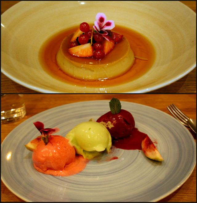 Molemmat valitsemamme jälkiruoat: Mustalla teellä maustettu Crème Caramel sekä Brödin sorbettivalikoima, vaniljaviikunoita. VIINI Brown Brothers Orange Muscat & Flora.