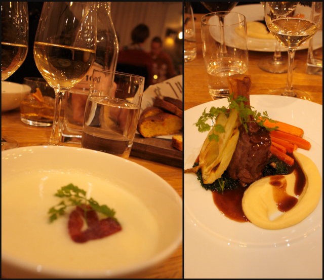 ALKUUN samettista maa-artisokkakeittoa. VIINI Trimbach Riesling, Alsace. Taustalla Brödin herkullinen leipävalikoima. / PÄÄRUOKA Meri-Lapin Karitsanpotkaa, palsternakkapyrettä. VIINI Ogier Crozes-Hermitage Heritages Syrah