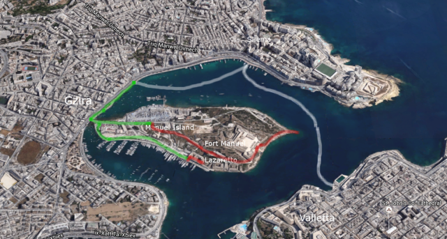 Seikkailu Maltalla: Lautta Vallettasta Sliemaan, sieltä Gziraan, kävellen Manuel Islandille ja Fort Manuelille ja Lazarettoon.