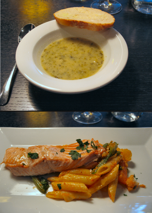 Skippasin salaattipöydän ja otin alkuun leivän sekä yrttikeiton. / Paistettua Kirjolohta,  punaista pestoa, haudutettuja vihanneksia. VIINI: Waltraud Riesling, Penedes, Espanja