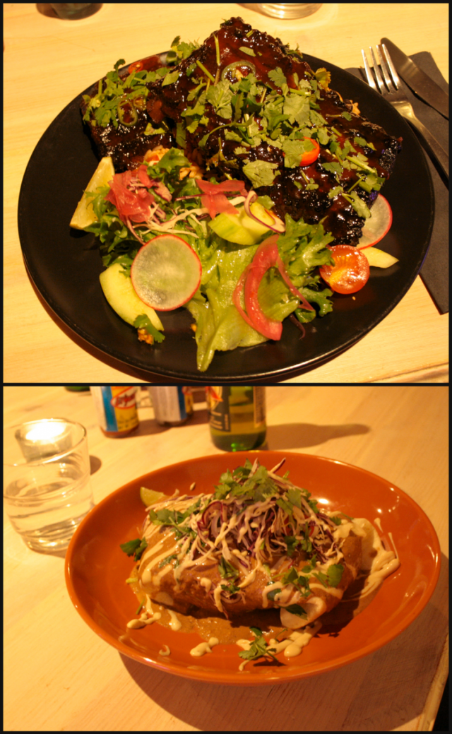 Hunajalla ja siiderillä marinoidut possun ribsit sekä Enchilada de Mole - Fish.