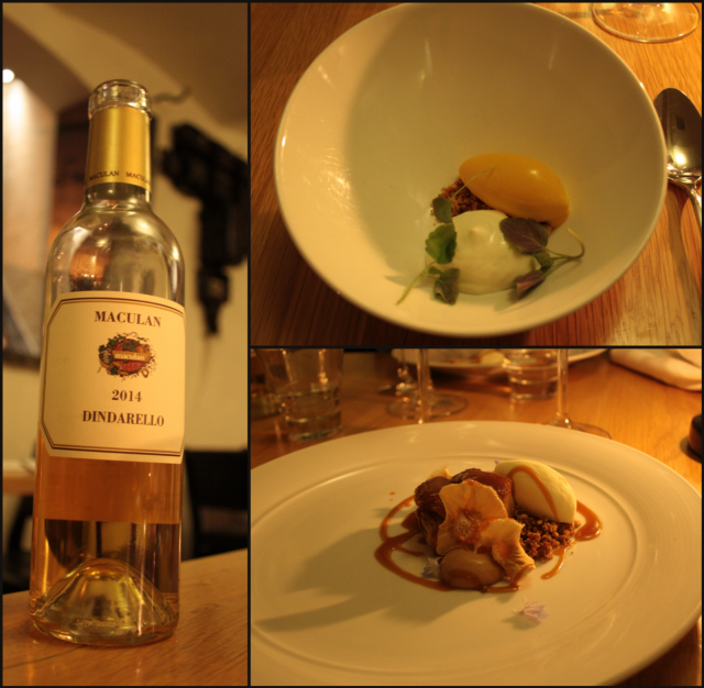 Maculan Dindarello Moscato / Palate cleanser tyrni + vuohenjuustomaitovaahto / Luomupalsternakkaa, kinuskia, napuejäätelö.