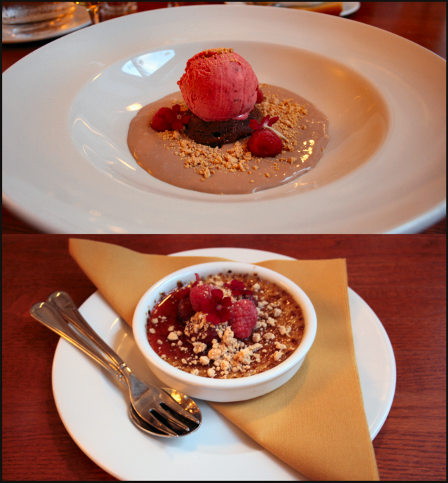 Suklaafondant, Vadelmasorbettia ja maitosuklaakeittoa. / Crème brûlée, hillottuja mansikoita ja paahdettua valkosuklaata.