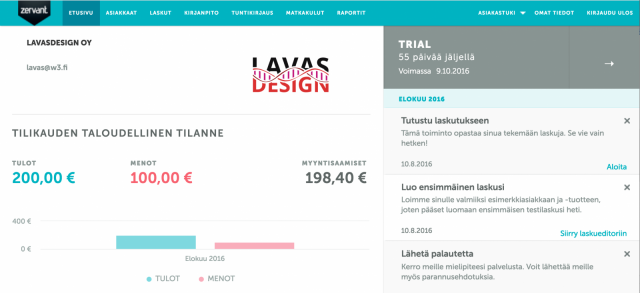 Laskutusohjelma Zervantin aloitusnäkymässä näet yrityksesi tulot ja menot.