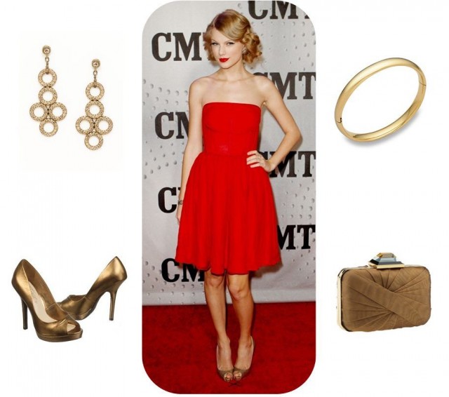 Robe rouge avec accessoires d'or Taylor swift