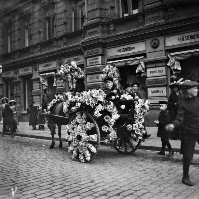 Kukitetut hevosajoneuvot Pohjois Esplanaadikadulla vappuna 1912