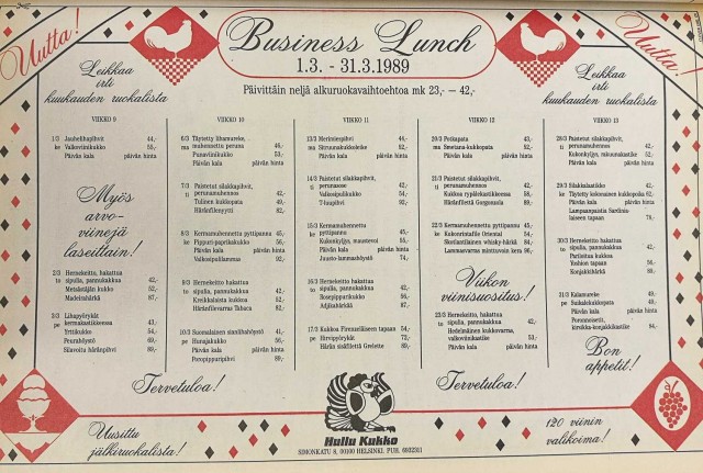 Hullun Kukon "Business Lunch" osui hinnaltaan 40-90 markan haarukkaan.