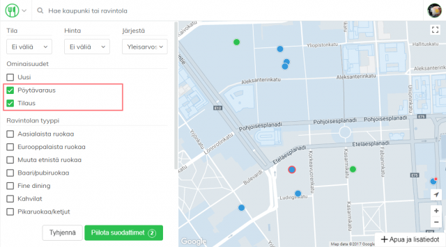 Voit listata ravintolat joihin voi varata pöytiä ja tilata ruokaa Woltin välityksellä.