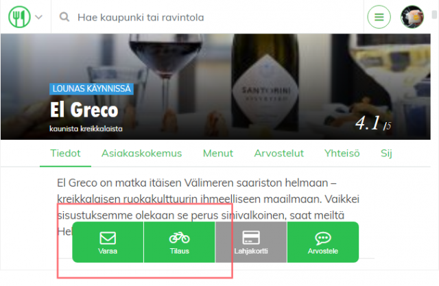 Klikkaa ravintolasivulta löytyviä toimintopainikkeita varataksesi pöydän ja tilataksesi ruokaa. Lahjakortin ostomahdollisuus on tulossa. Stay tuned!
