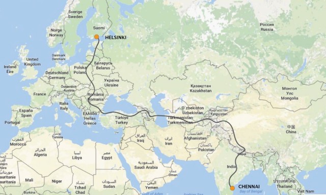 Suunniteltu prätkäreitti. Korkein kohta 5000 m. Matkan pituus 15000 km.