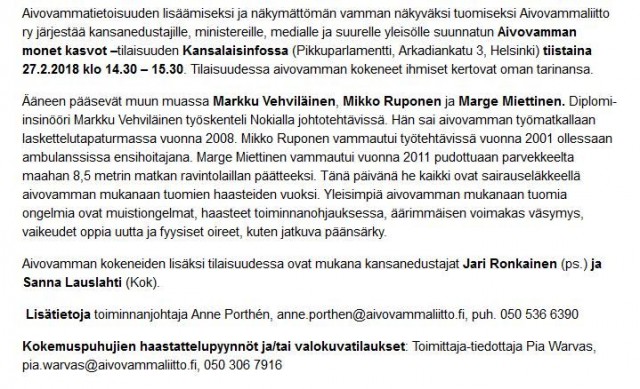 "aivovamma koskettaa noin puolta miljoonaa suomalaista."