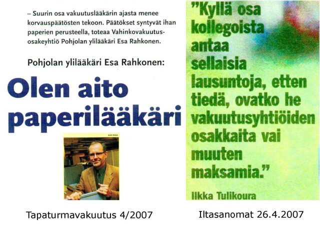 Vahinkovakuutusyhtiön vakuutuslääkärin roolista.