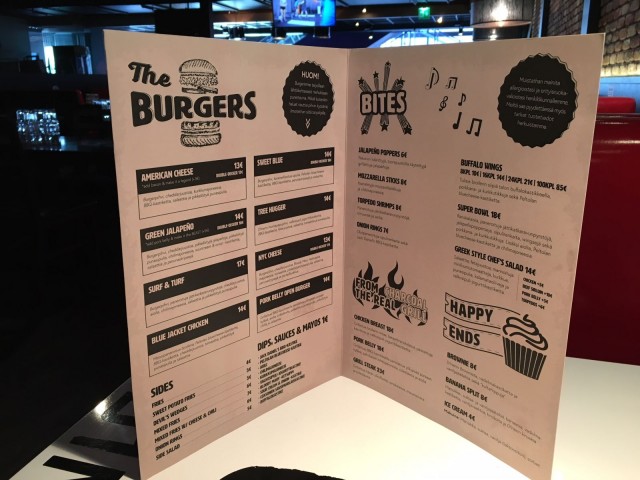 Laaja lista herkullisine burgereineen.