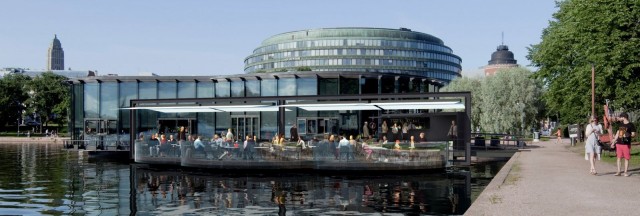 Meripaviljongin terassi sijoitetaan niin, että merinäköala säilyy myös ravintolan sisällä.