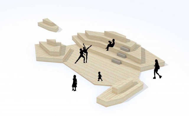 Kauppatorin rantaan tulee kelluva puinen saariryhmä.