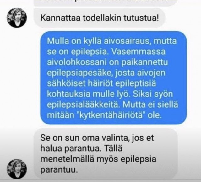 Kuvakaappaus yksityisviestistä vuodelta 2017. Keskustelu liittyy DNRS-menetelmään, ei Nordinin nykyisin harjoittamaan Free to Heal -menetelmään.