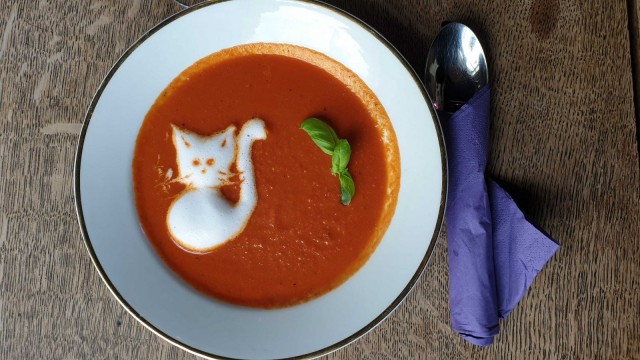 Päivän keittona tarjoiltiin hurmaavaa tomaatti-vuohenjuustokeittoa, joka koristeltiin suloisella maitovaahtokissalla