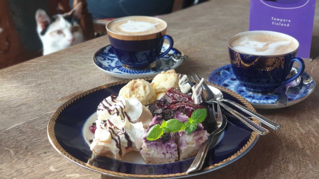 Kisucappuccinot ja kermainen kakkulajitelma houkuttelivat paikalle myös yhden kotia etsivistä pentukissoista