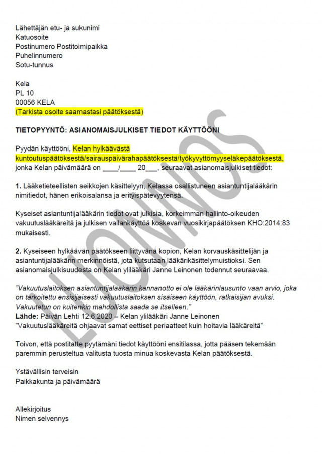 Tietopyyntö Kelalle hylkäävän päätöksestä.