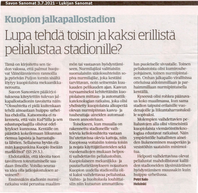 Uusi idea jalkapallostadionin hyödyntämiseen.