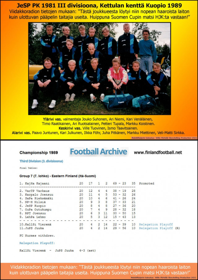 Jespin joukkuekuva ja sarjasijoitus vuonna 1989..