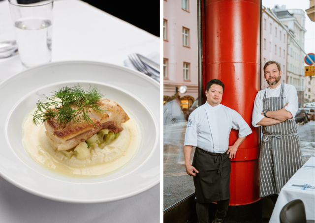 Kuvassa vasemmalla Maxillin keittiömestari Marlon Rueda ja oikealla Michelin-kokki Filip Langhoff.