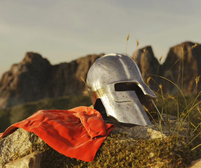 Spartalainen kypärä ja punainen viitta.