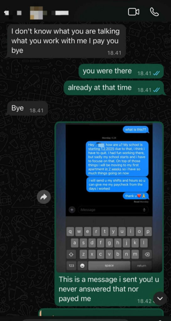 Kuvakaappaus Demin ja työnantajan välisestä viestiketjusta.