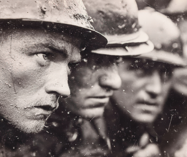 Ensimmäisen maailmansodan sotilaita juoksuhaudassa. Kuvituskuva.