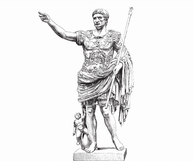 Keisari Augustuksen patsaasta mukailtu piirros.