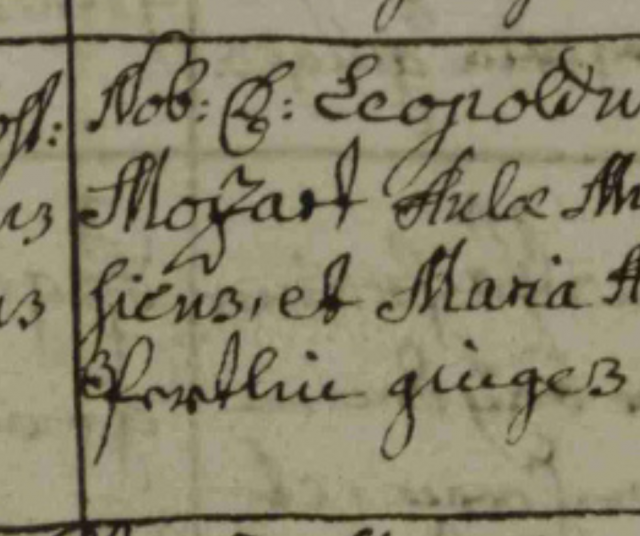 Wolfgang Amadeus Mozartin kastemerkintä.