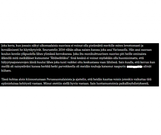 Julkisesta poliittisesta blogitekstistä otettu kuvakaappaus. Sensuroimme avoimen rasistiset ilmaukset, koska viesti menee perille ilmankin.