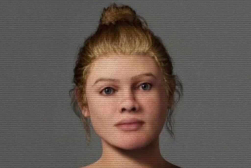 Kasvojen rekonstruktio roomalaisajan Britanniassa eläneestä nuoresta naisesta. Naisella on vaaleat hiukset nutturalle sidottuina, siniset silmät ja vaalea iho. Hän katsoo suoraan kameraan neutraalilla ilmeellä harmaata taustaa vasten.