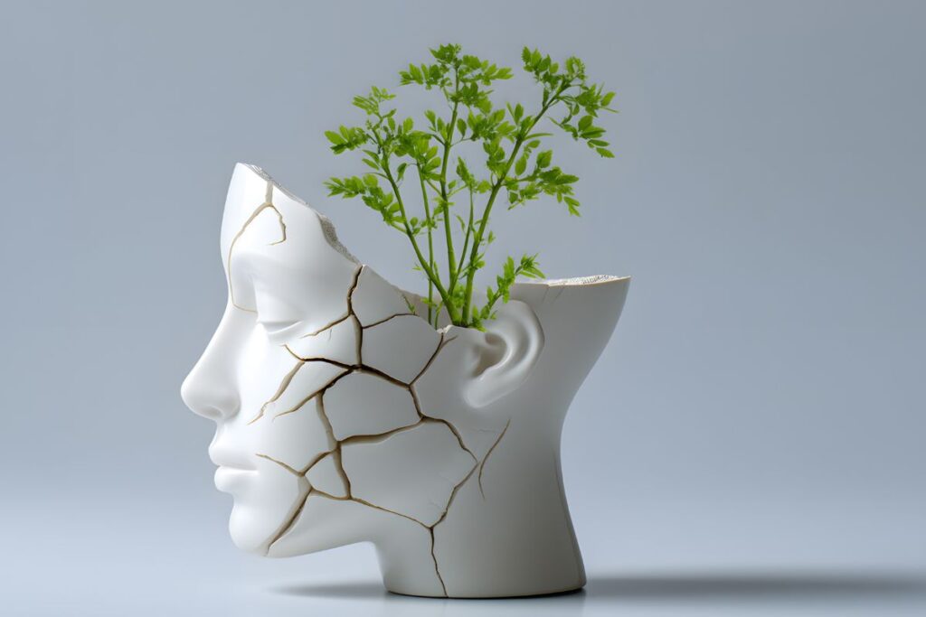 Päänmuotoinen ruukku, josta kasvaa vihreä kasvi. Ruukku on kuvattu vaaleaa taustaa vasten ja siinä on taiteellisia säröjä.