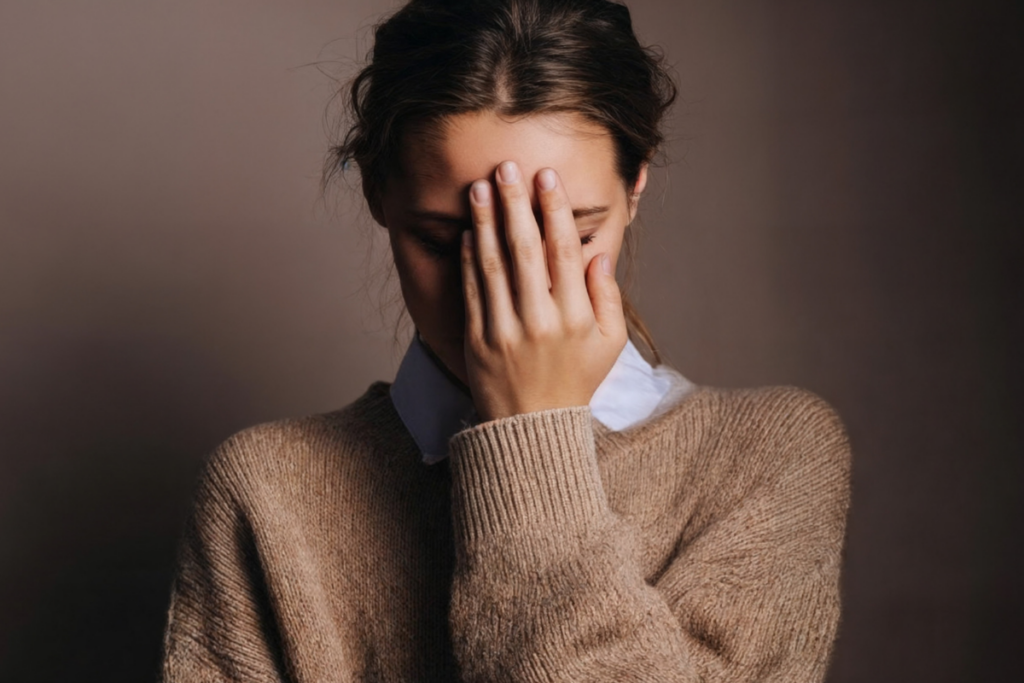 Nuori nainen seisoo neutraalia taustaa vasten ja peittää kasvonsa toisella kädellä. Asento ja ele viestivät häpeää, epävarmuutta tai voimakasta sisäistä ristiriitaa.