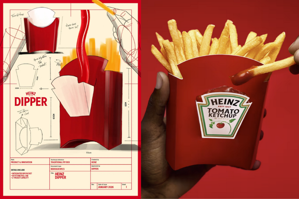 Heimz dibber, jossa samassa paketissa ranskalaisia ja ketsuppia. Toisessa kuvassa kaavakuva samasta asiasta.