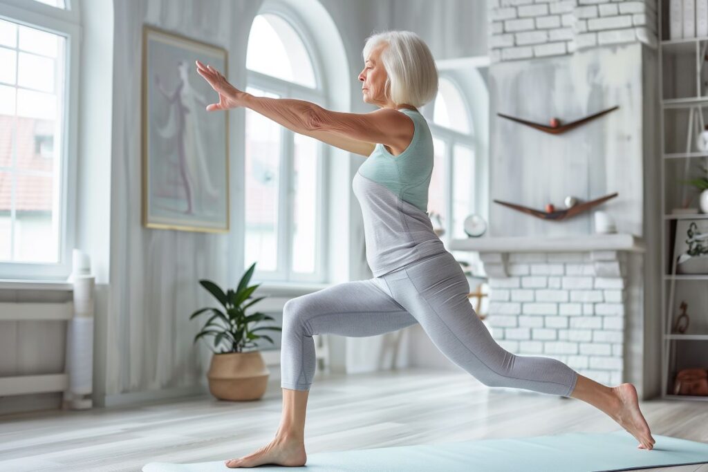 Iäkkäämpi nainen tekee jooga-asentoa matolla. 