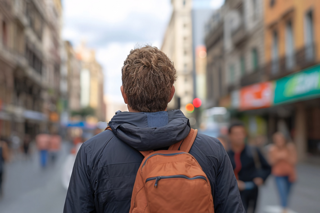 Reppu selässä kulkeva henkilö nähdään takaapäin vilkkaalla kaupunkikadulla, ympärillä liikkuu ihmisiä ja rakennukset reunustavat katua.