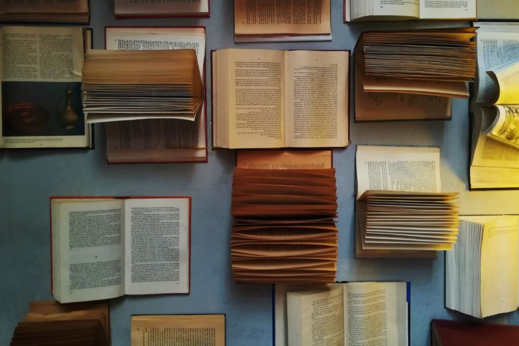 Vanhoja ranskankielisiä sanomalehtiä ja aikakauslehtiä levitettynä päällekkäin, sivuilla piirroskuvia, mainoksia ja tekstiä.